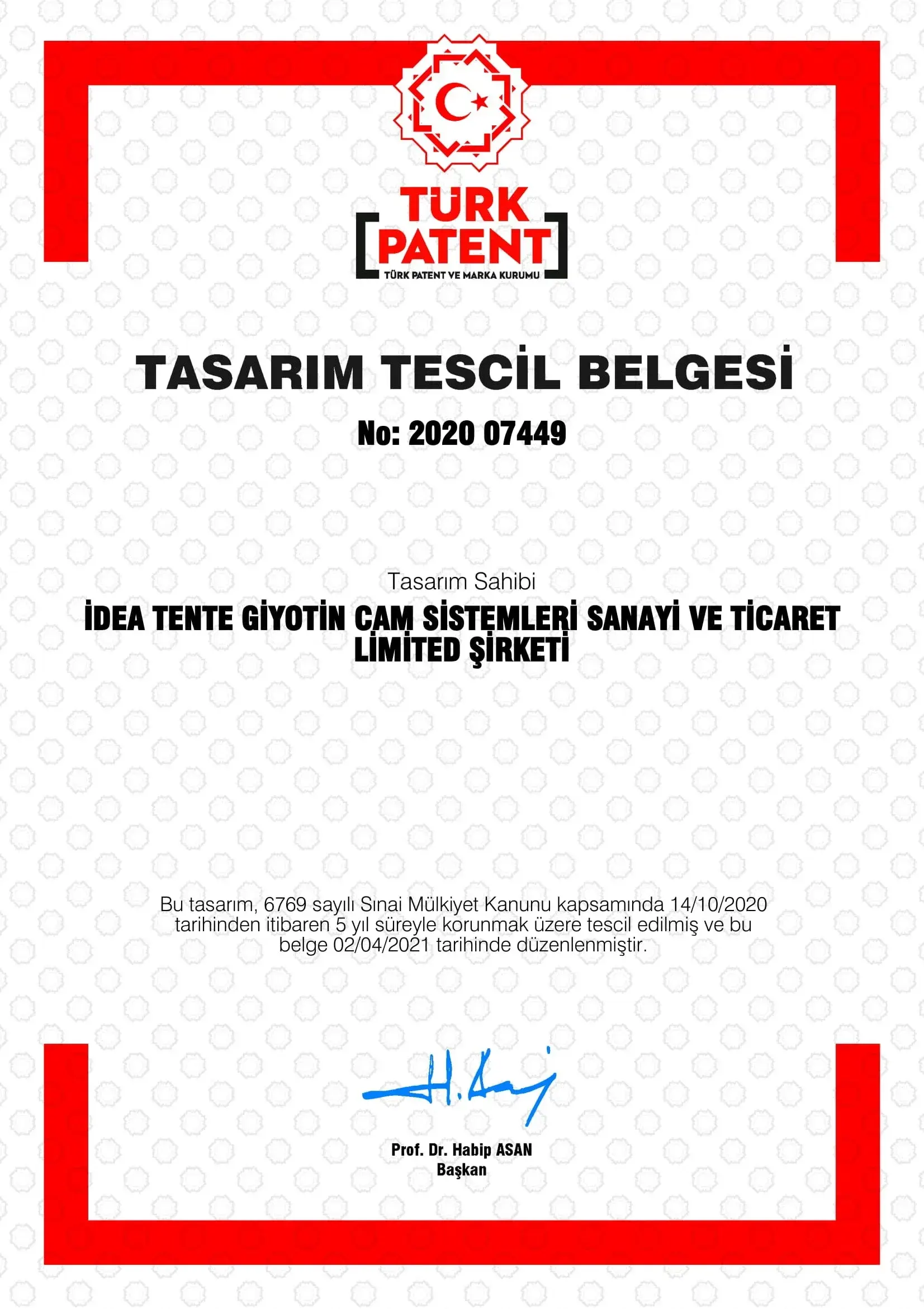 Tasarım Tescil Belgesi